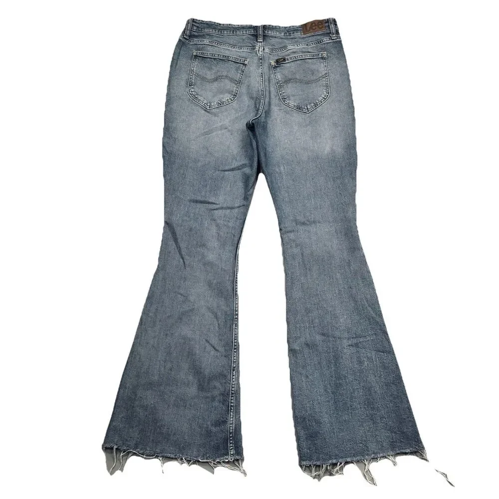 Lee High Rise Flare Jeans 12 (31x30) Medium Blue Denim Stretch Raw Hem Womens